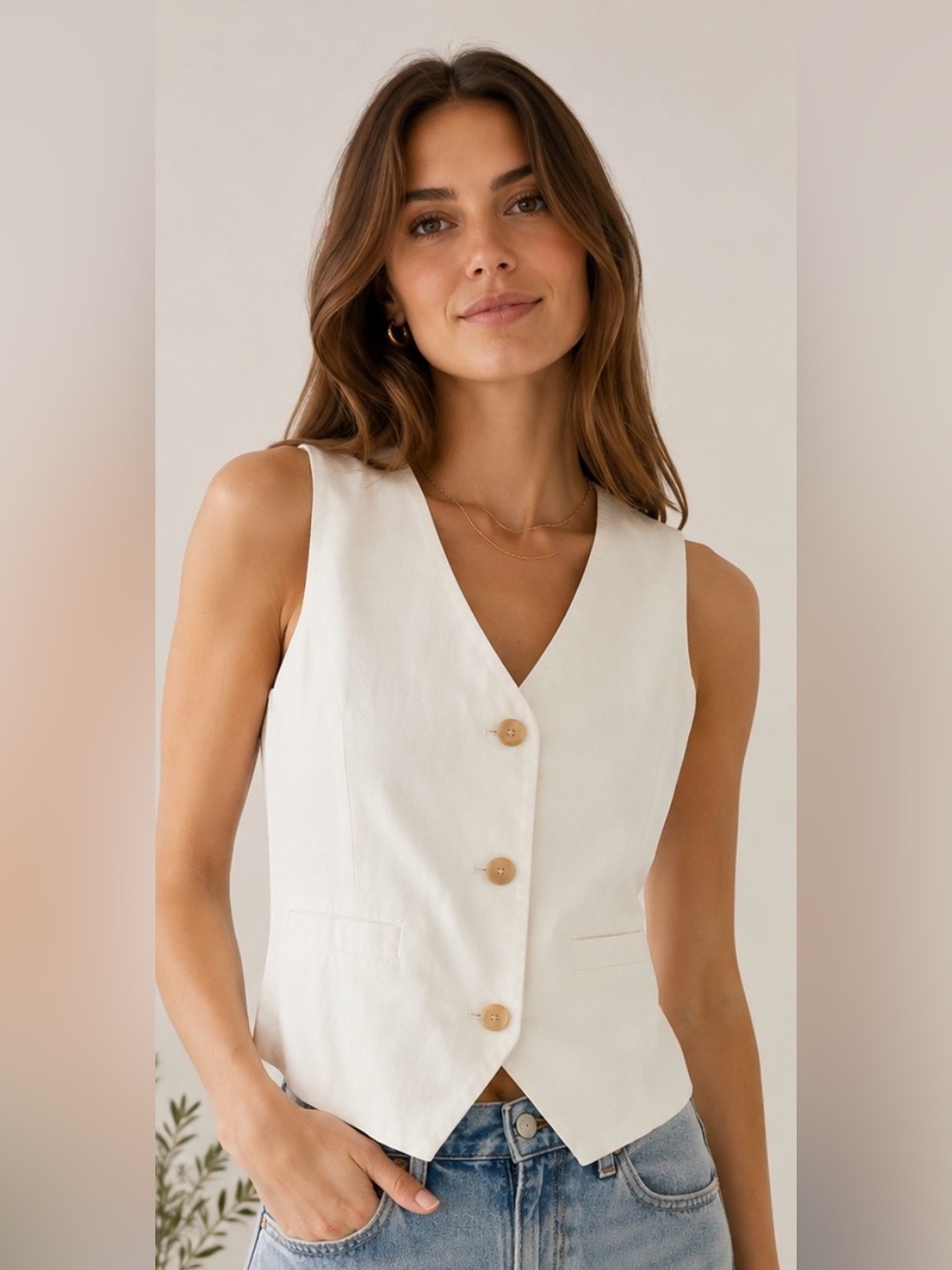LOFT White Button Front Cotton Blend Vest Size Small